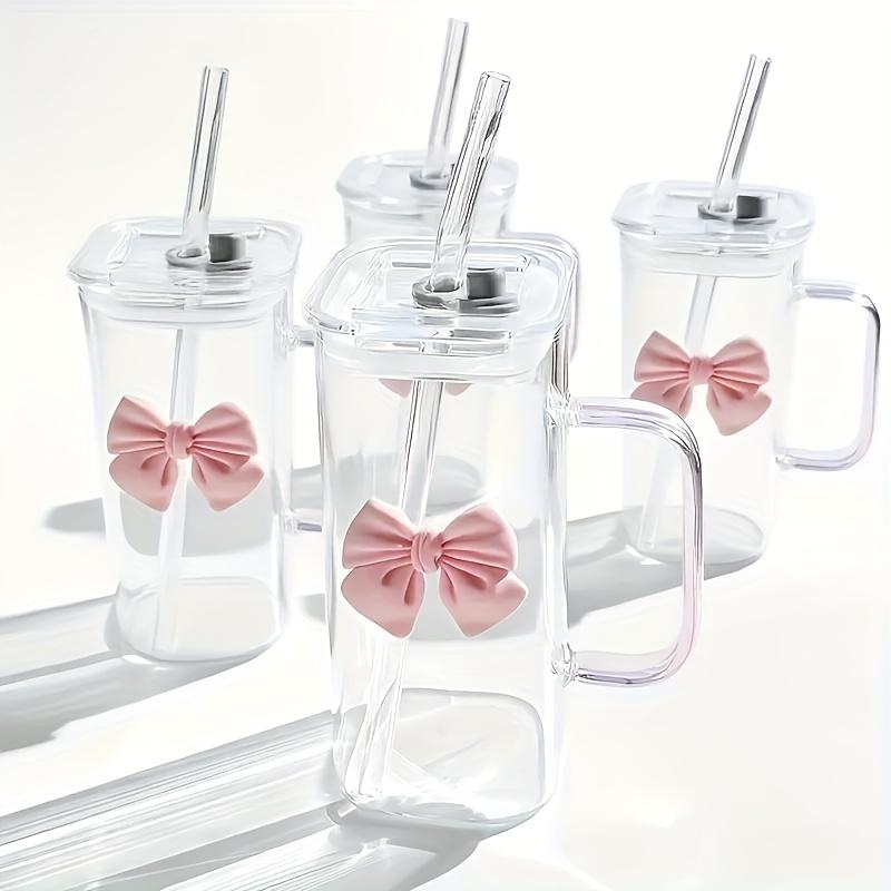 6-teiliges Set quadratischer Becher mit Schleife, 14oz Hitzebeständiges Borosilikatglas, Niedliches Schleifendesign, Perfekt für Kaffee & Saft