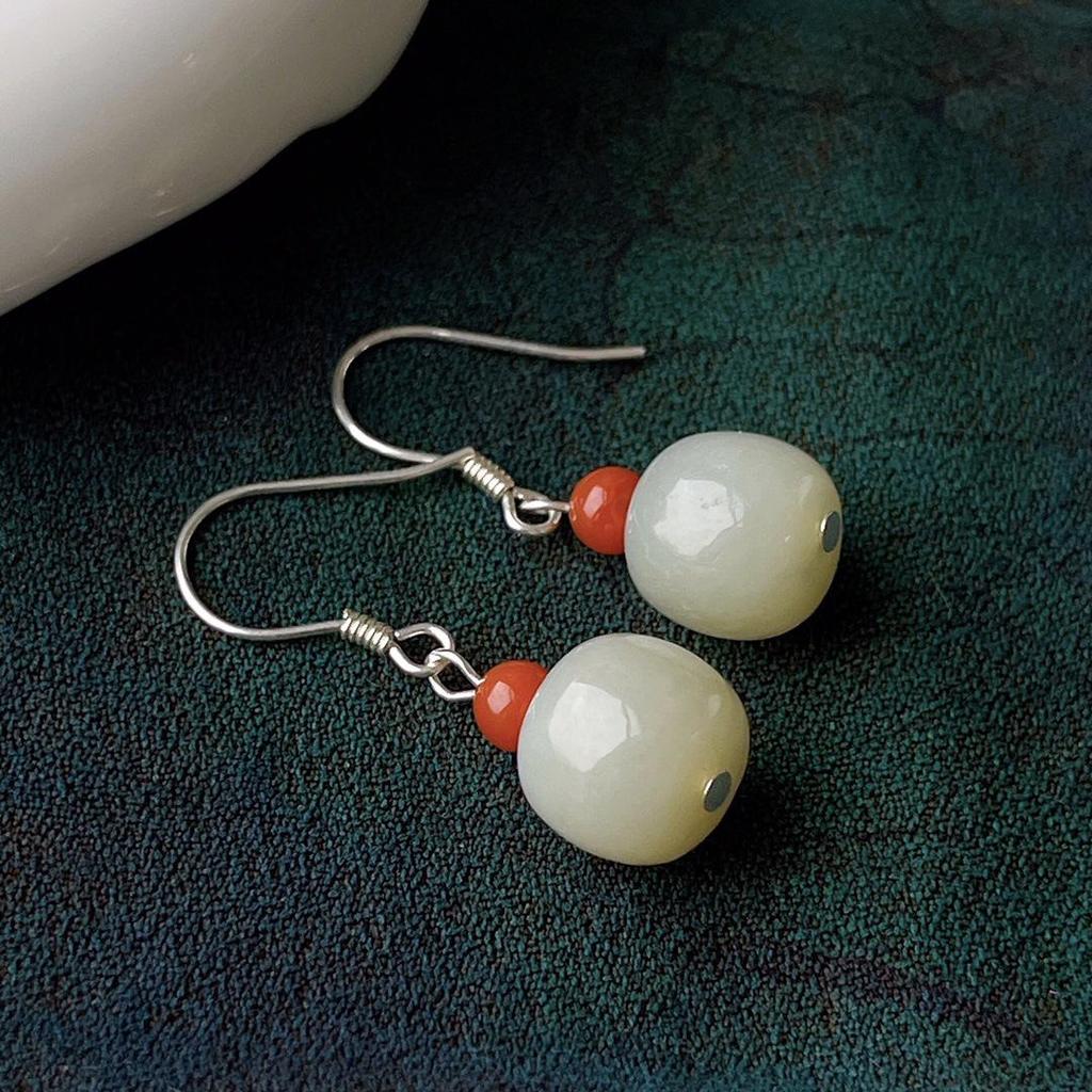 Hetian Jade & Nan Hong Earrings: Versatile S925 Sterling Silver, Classic Style for Instagram & Xiaohongshu