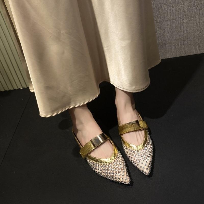 Rhinestone Mesh Wrapped Slippers Summer New Pointed Toe Cutout Breathable One Strap Non-Slip Low Heel Shoes