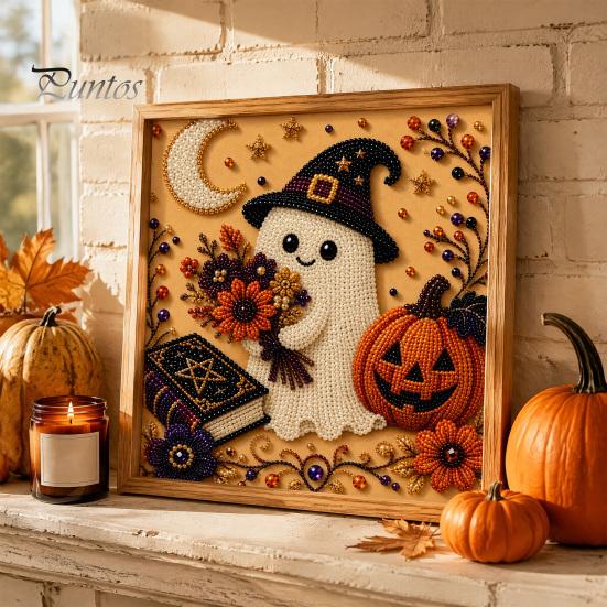 Pumpkin Wall Art Ghost Faux Pearl Kit, Halloween Painting DIY Autumn Home Decor 3D Spooky Skull Craft Kit for Adults Beginners, Fall Handmade