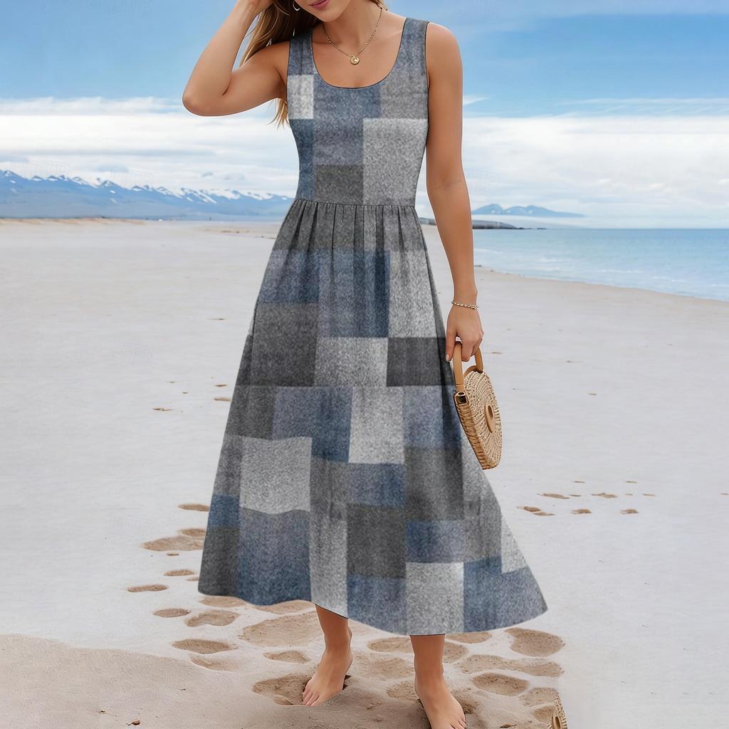 Ladies' Checkered Summer Casual and Fashionable Sleeveless Long Dress