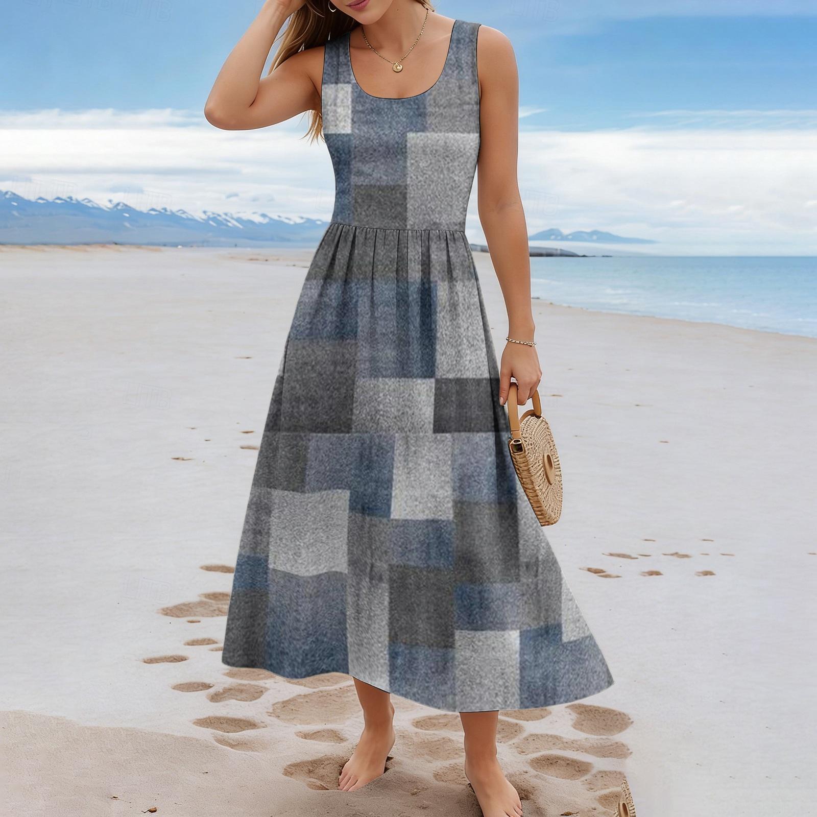 Ladies  checkered summer casual and fashionable sleeveless long dress XXL