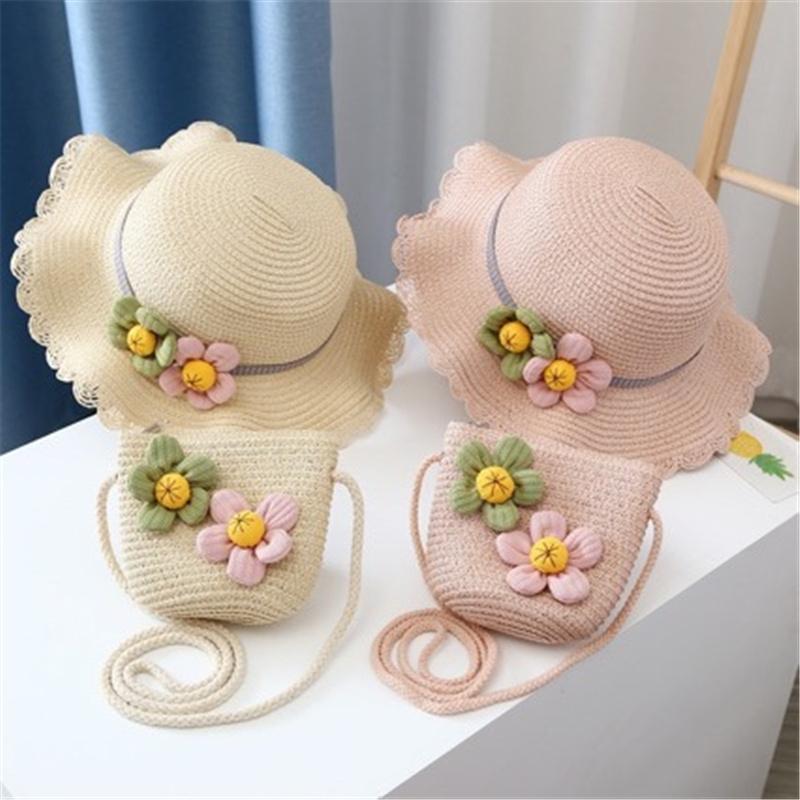 New 2 pcs Summertime Cute Children Straw Hat and Shoulder Bag Girls Outdoor Beach Cap Cute Bow Travel Beach Sun HatCrossbody Bag