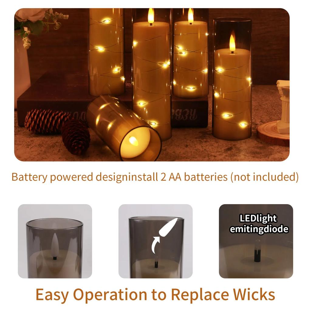 Flameless LED Electronic Candle Set with Embedded Star String and Timer Remote Control Flickering LED Pillar Tealight Home Decor
