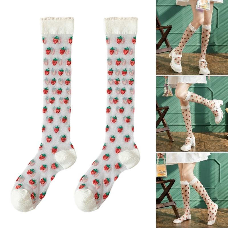 Crystal Glass Silk See Through Long Socks for Women Elegant Sweet Strawberry Pattern Ultrathin Knee Highs Stockings