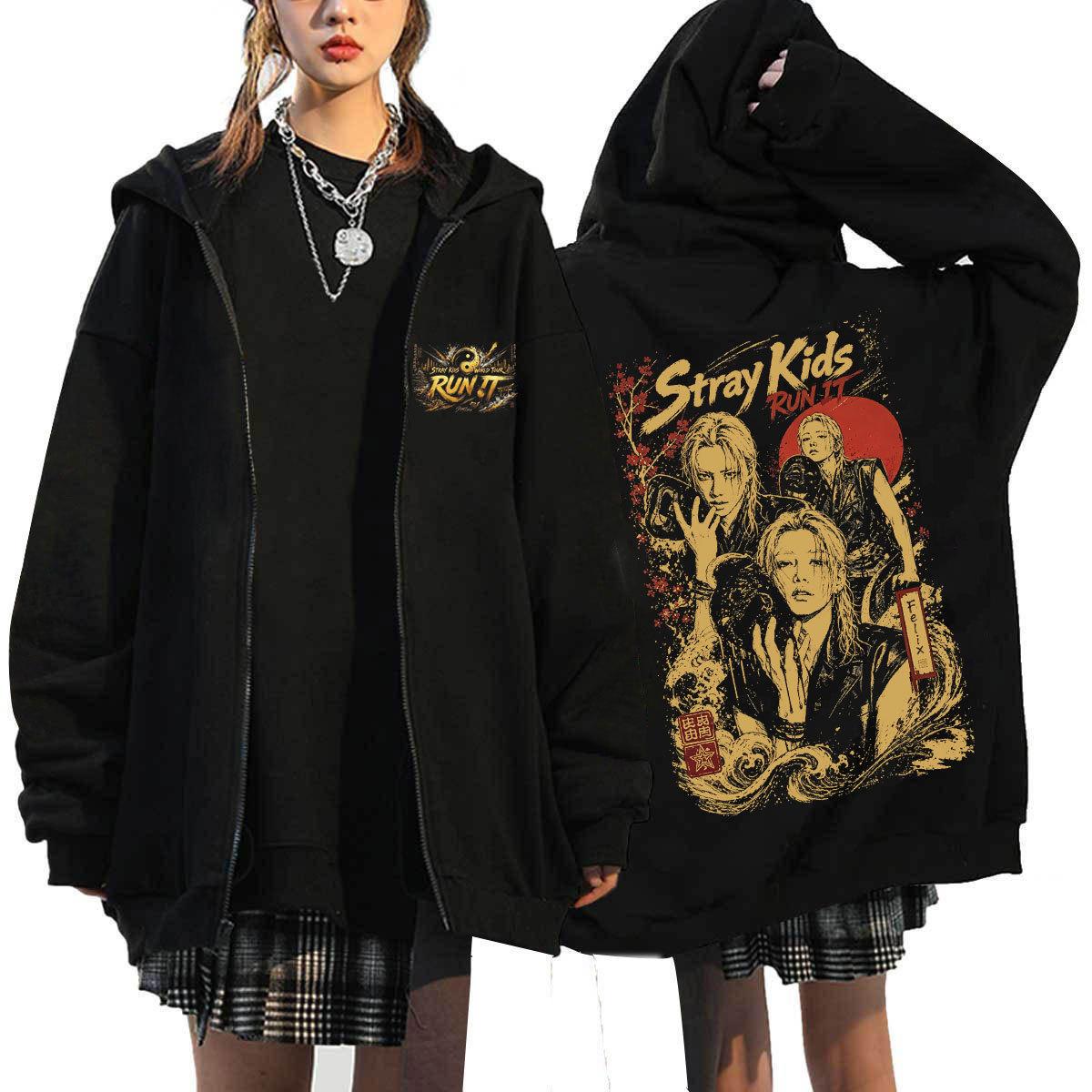Stray Kids Felix Run It Reißverschluss Hoodie, Vintage Orientalischer Kunstprint Reißverschluss Kapuzenjacke Oversized Kpop Fan Streetwear Mantel XXS schwarz