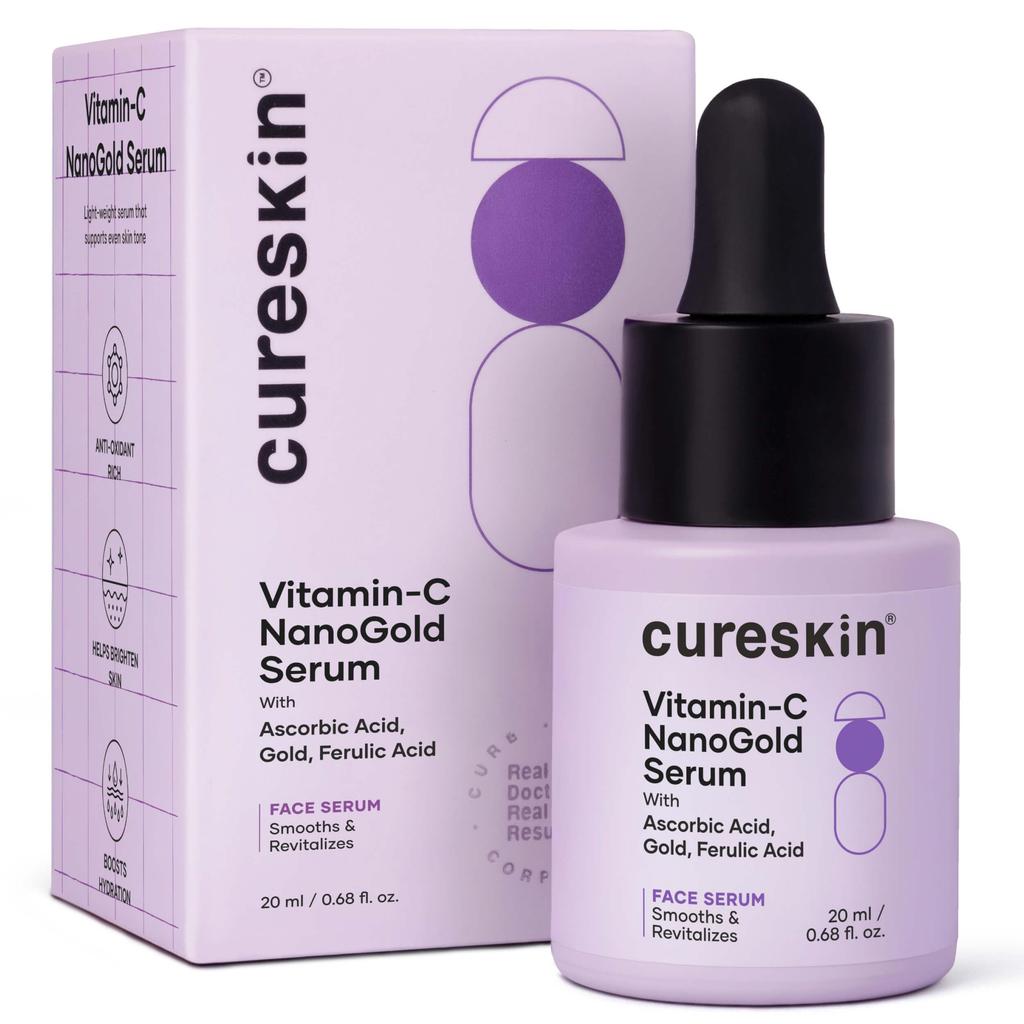 Cureskin Vitamin C NanoGold Face Serum with L-Ascorbic Acid, Ferulic Acid & Gold | Brightens Skin, Evens Tone & Reduces Signs of Ageing | For All S