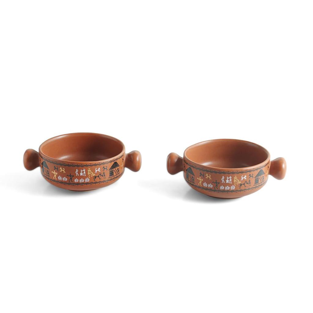 'Warli Village Tales'Ceramic Bowl Ceramic Serving Bowls Set with Handle Snack Bowl (Set of 2, 350 Ml, Microwave Safe, Handcrafted, Mud Brown)