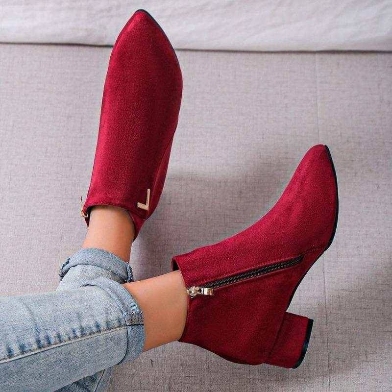 New Large-sized Single Boots, Short Boots, Mid-heel, Thick-heel, Side Zipper Women's Shoes