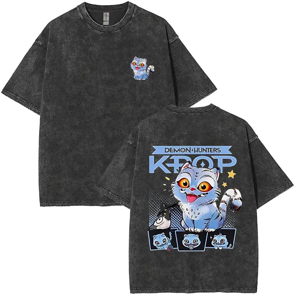 Washed Vintage Kpop Demon Hunters Derpy Tiger T-shirts Men Women Fashion Cartoon Trend Street Oversized Tshirt