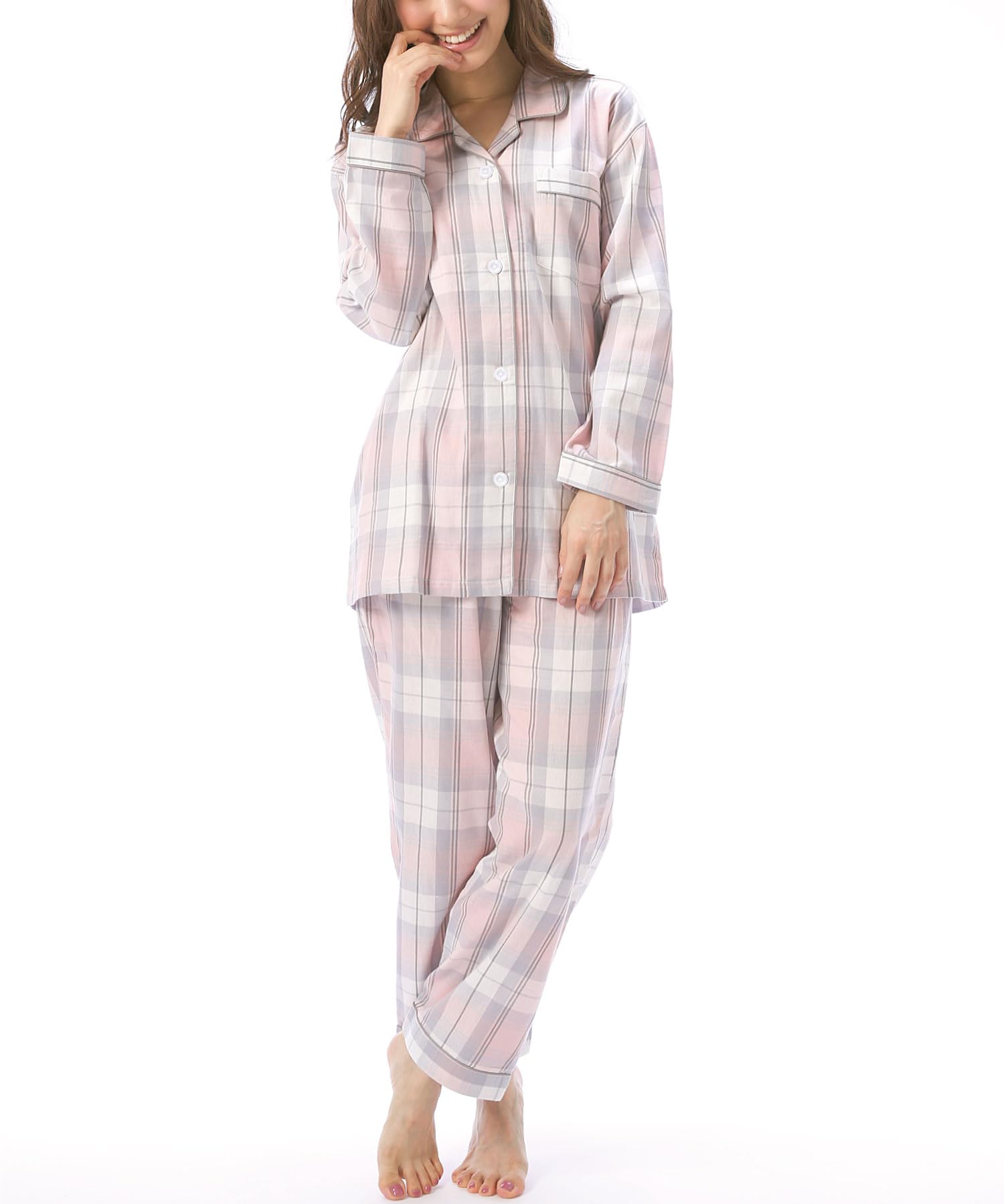 

[ON NISHIKI] Women s Long Sleeve Pajama Set, 100% Cotton Viyella, Front Button, Top & Pants, Spring/Autumn Loungewear, Pink x Gray Check, LL