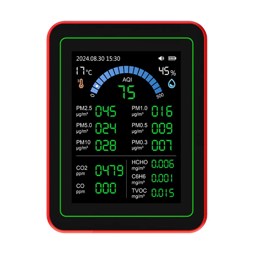 Air Quality Meter 18 In 1 CO2 TVOC HCHO PM2.5 PM10 Temp Humid Detect Tester Indoor Battery Powered Data Storage