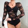 Sexy Evropské a Americké Krajkové Patchworkové Průsvitné Body - Styl Horké Holky Dlouhý Rukáv a Zeštíhlující Design
