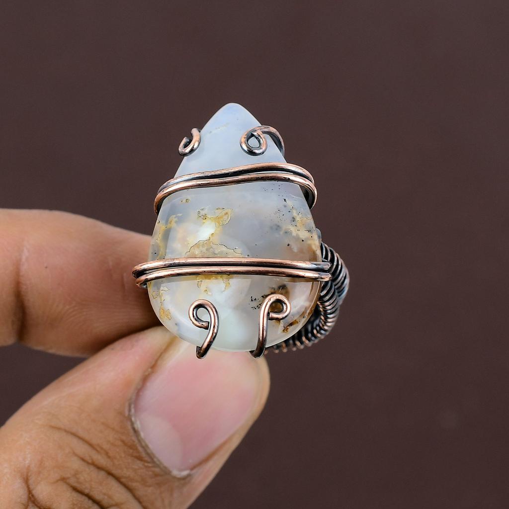 Anel de fio de cobre feito à mão com pedra preciosa de opala dendrita natural tamanho 8 s4E96