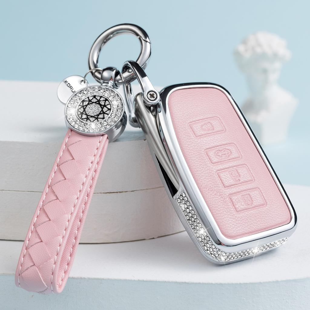 for Lexus Key Fob Cover with Keychain, Pink Genuine Leather Crystal Key Case Protection Shell Compatible with Lexus RX ES GS LS