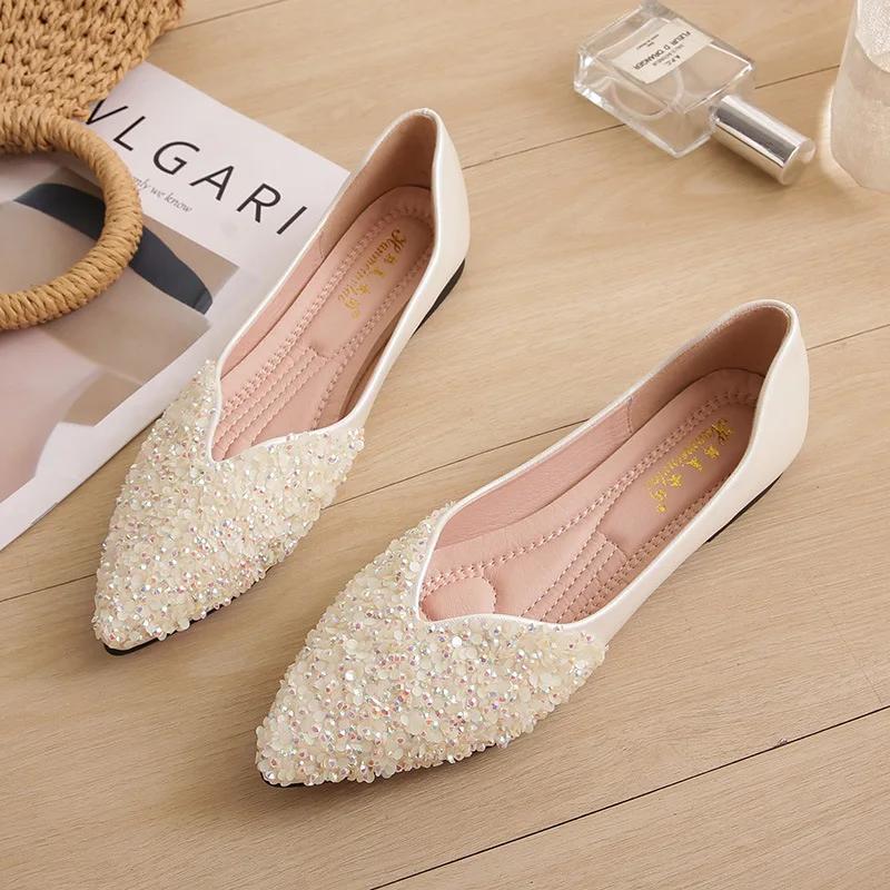 Fashion Flat Shoes for Women 2025 New Spring and Autumn Square Toe Shallow Rhinestone Bow Flat Scoop Shoes Women Ladies Plus Size 41-43