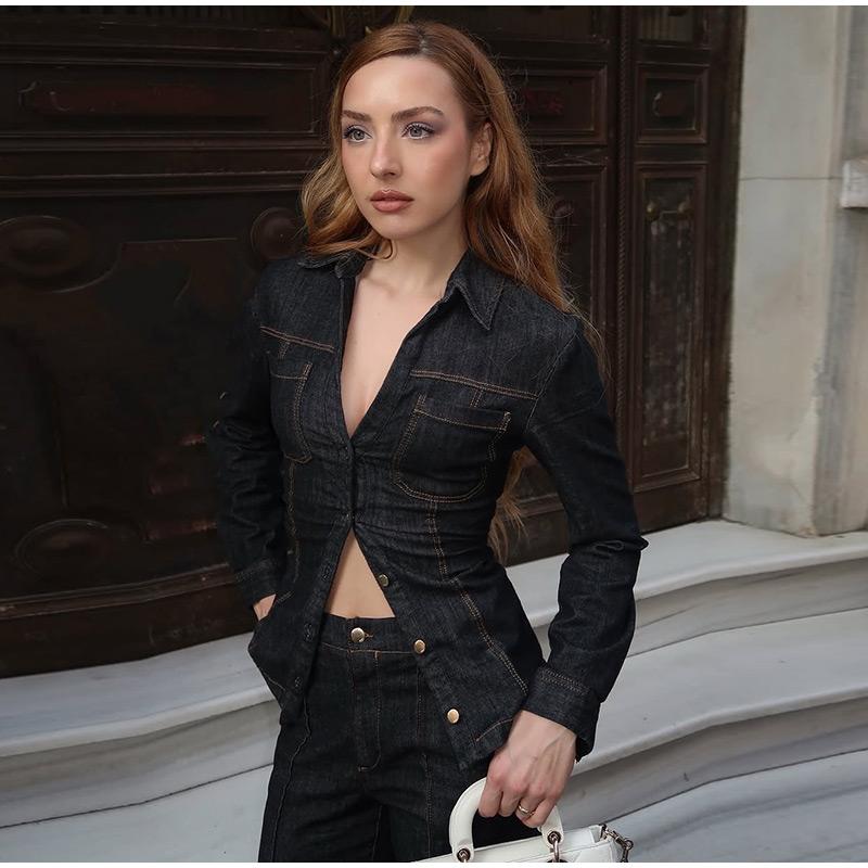 Elegant Denim Solid Color Top Pants Set Women Lapel Single Breasted Pockets Jacket Straight Loose Jeans 2025 Spring Street Fashion Set