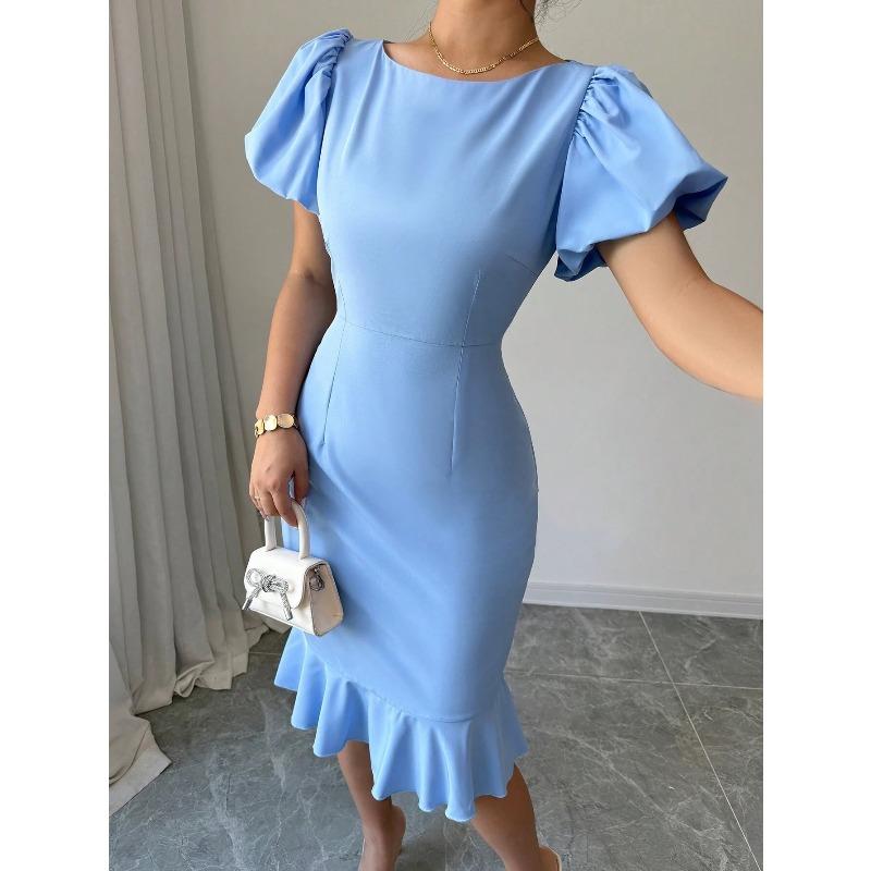 GMXIA Abiti casual da donna alla moda, con scollo rotondo, maniche corte, per estate e primavera, tinta unita, stampati