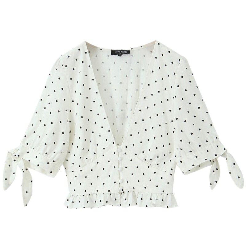 

Fashion Style 2024 Summer New Arrival Women s Slim Looking Easiest for Match Linen Blended Polka Dot V Neck Short Top 0387073 Picture color L