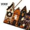 Autumnal Porch Decoration 2D Wooden Halloween Door Hanger Sign, Pumpkin Ghost Vintage Town Building Welcome Front Seasonal Wall Plaque with