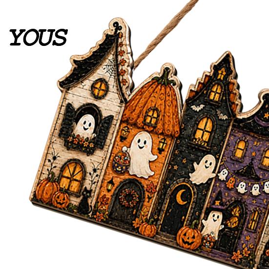 Autumnal Porch Decoration 2D Wooden Halloween Door Hanger Sign, Pumpkin Ghost Vintage Town Building Welcome Front Seasonal Wall Plaque with