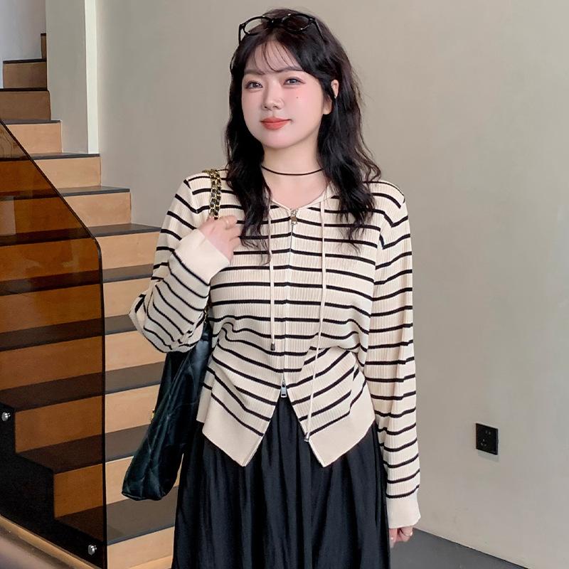 Damen Übergröße Kapuzensweatshirt Damen Gestreifte Oberteile Herbst Strick-Cardigan Jacke