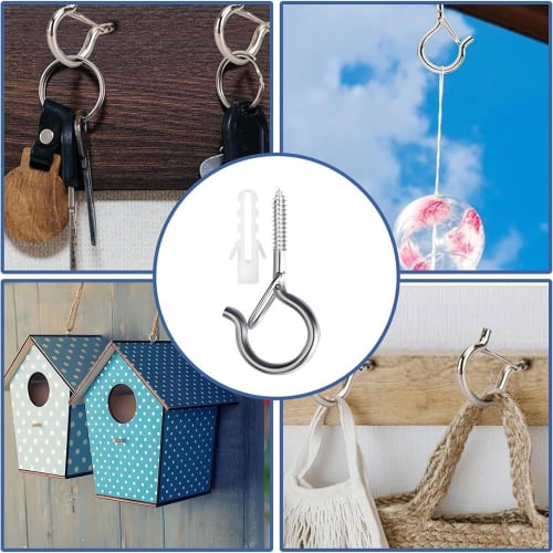 20-Piece Ceiling Hook Set, 53mm Long, with Safety Buckle Design, Screw-In Type, Ideal for Hanging Wind Chimes and Other Items, Includes Plastic Expans