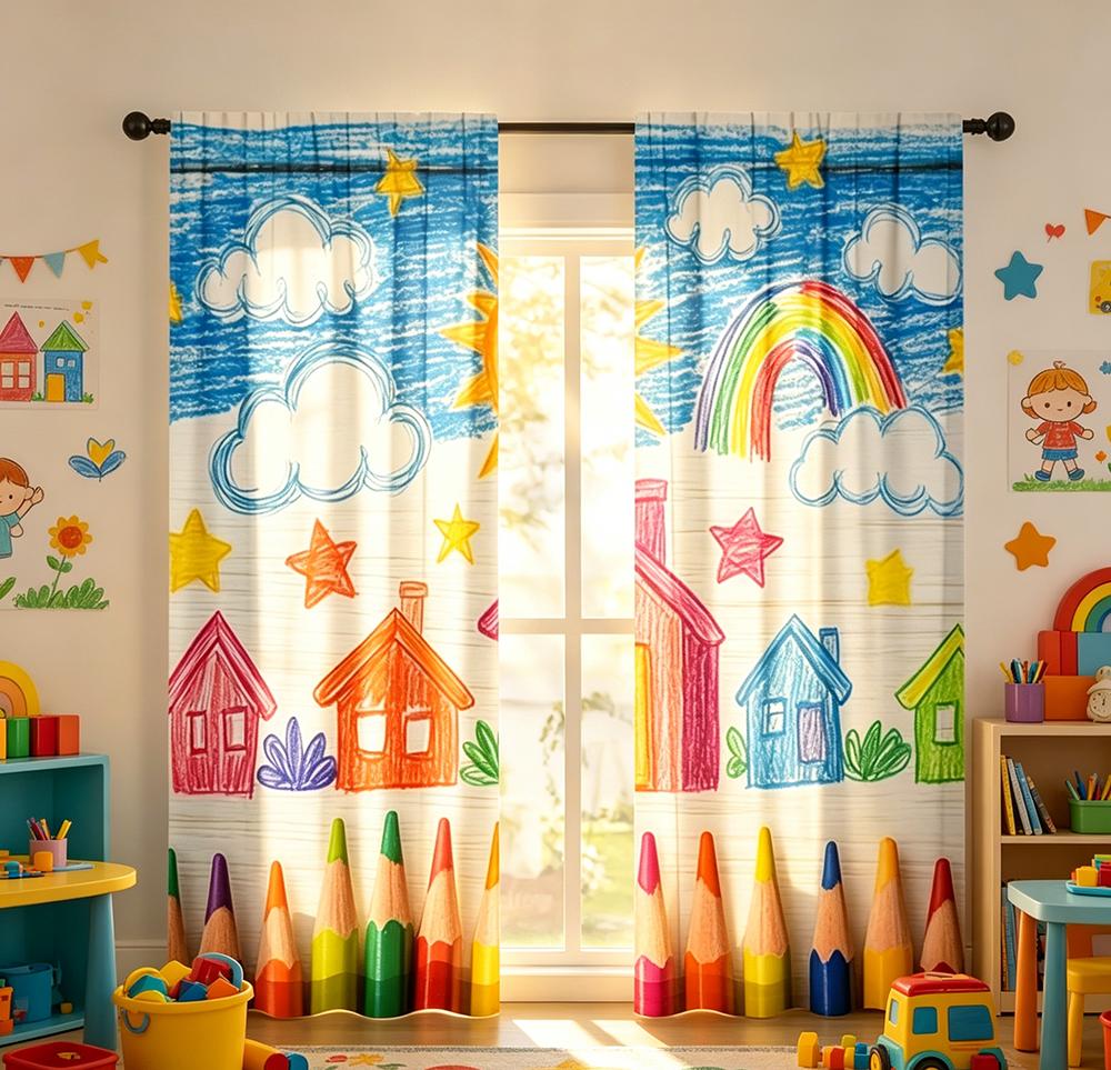 2PCS Digital Printed Curtains with Colorful Crayons Design, Stylish Window Drapes for Living Room Bedroom Home Decoration
