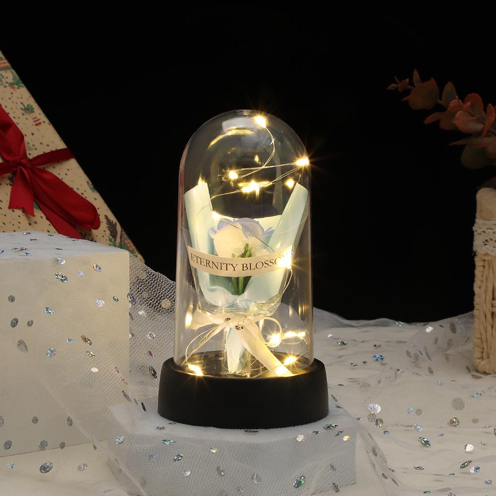 Eternal Roses, Glass Cover Simulation Flower Gifts, Creative Desktop Decoration Luminous Ornaments Romantic
