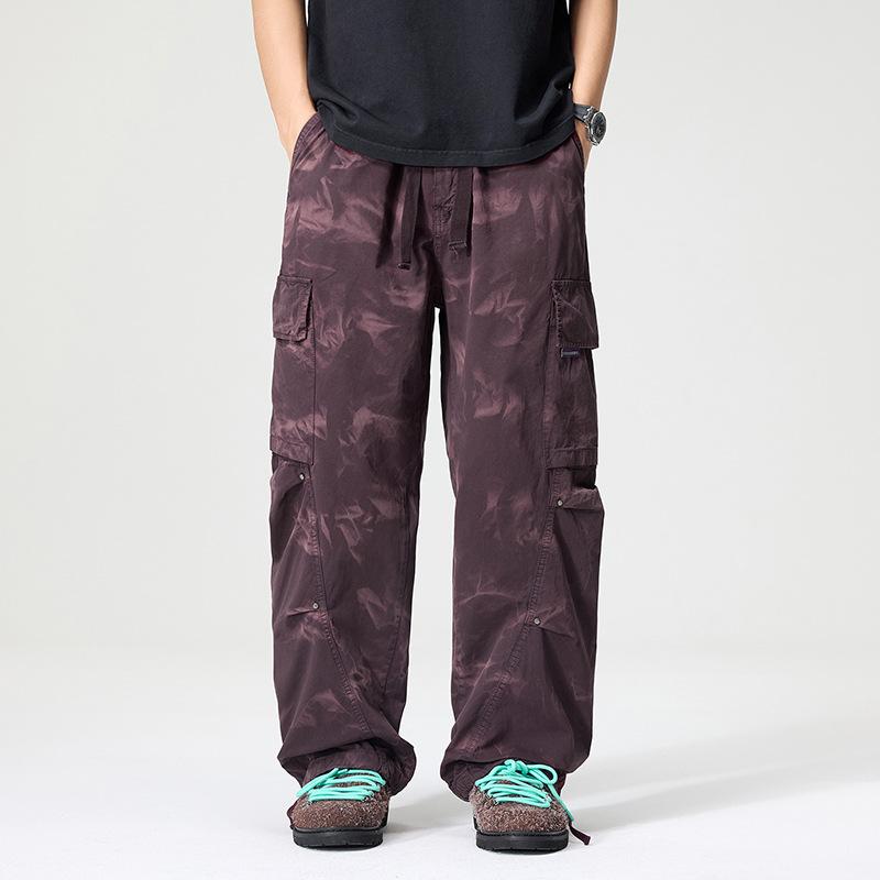 Spring and summer American casual retro old tie-dye big pocket overalls men's straight loose drawstring wide-leg pants