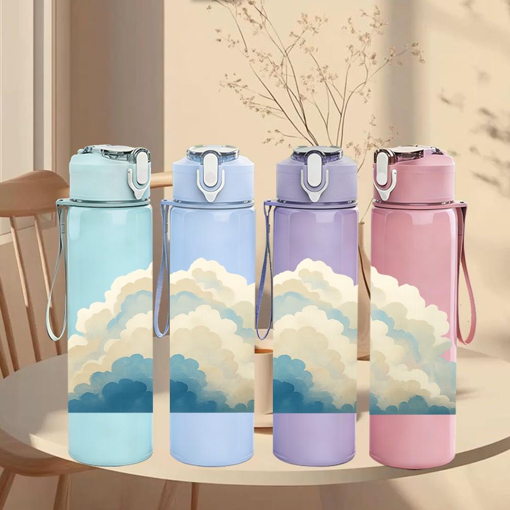 1PC Soft White Cloud Landscape Art 750ml Color Plastic Sports Water Bottle Leakproof Flip Straw Lid For Sports Office Home Use