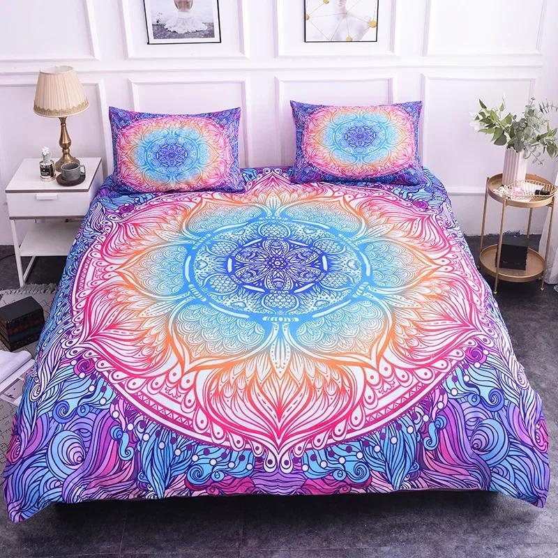 Colorful Mandala Duvet Cover Set Bohemian Style Pastel Toned Abstract Flower Design Print Bedding Set Quilt Cover Pillow Covers