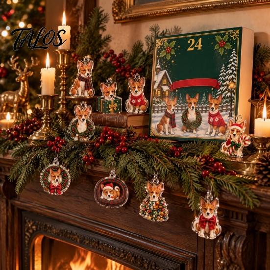 Charming Holiday Crafts Christmas Corgi Advent Calendar with 24 2D Flat Acrylic Dog Ornaments, Countdown Box Decorative Gift Cute Puppy Hanging