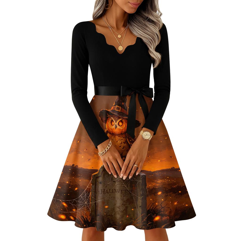 Women's Vintage V-Neck Long Sleeve Casual Halloween Print Dress