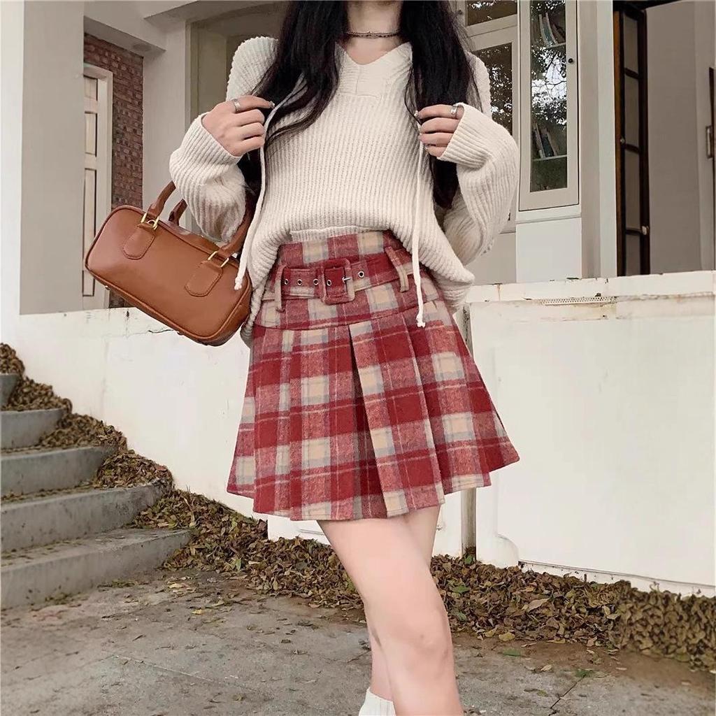 Women's High Waist Plaid Wool A-line Pleated Skirt with Belt - Thickened for Autumn/Winter 2026 Retro Style