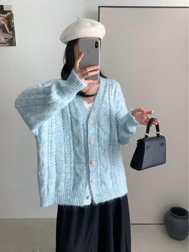 2025 Korean Loose Knit V-Neck Cardigan for Women - Autumn & Winter Casual Style Sweater Coat