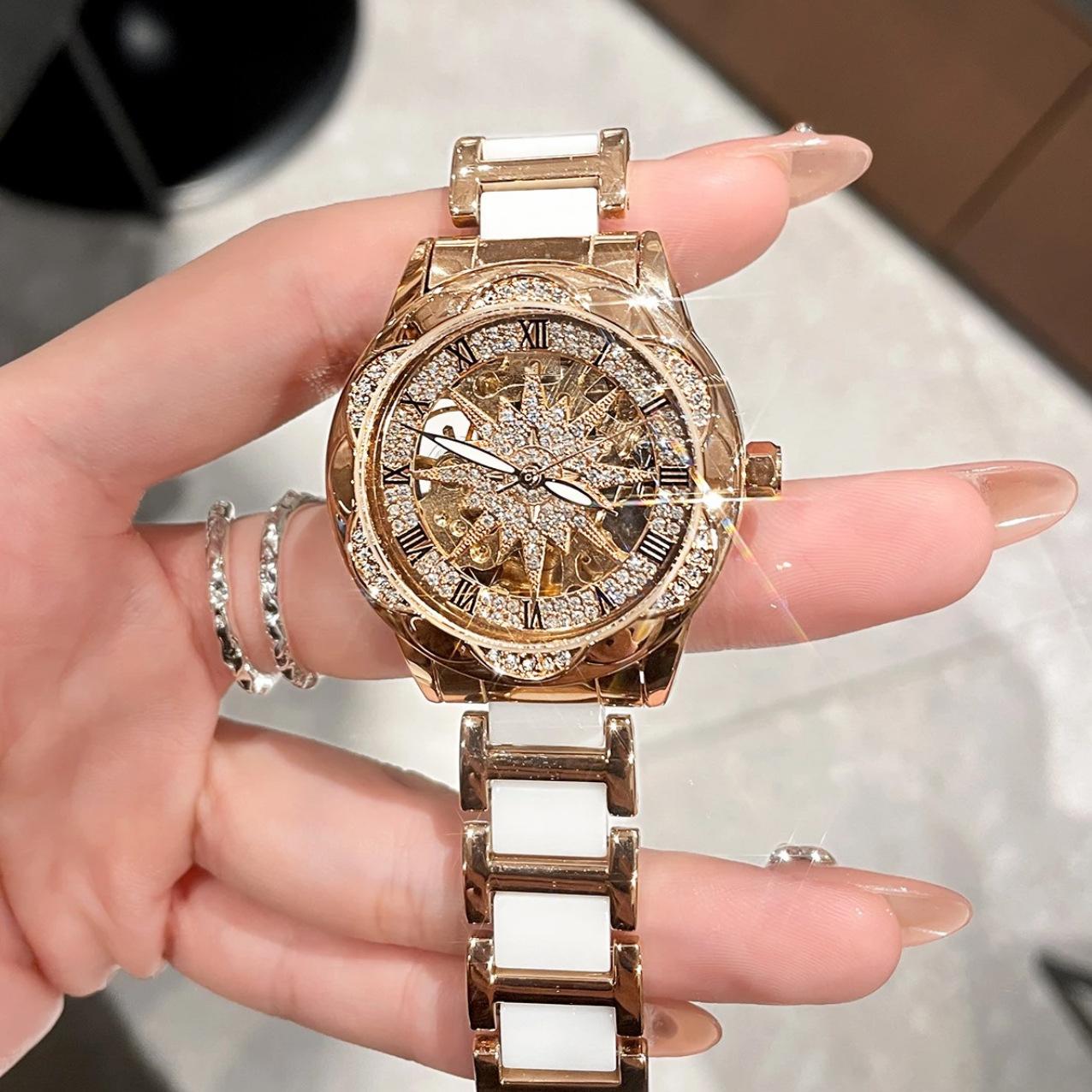 

Механические часы с подсолнухом из стразов для женщин, наручные часы из нержавеющей стали