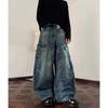 Vintage Gewassen Blauwe Verweerde Cropped Flare Jeans Mannen Vrouwen Losse Wijde Pijp Rechte Snit Denim Broek