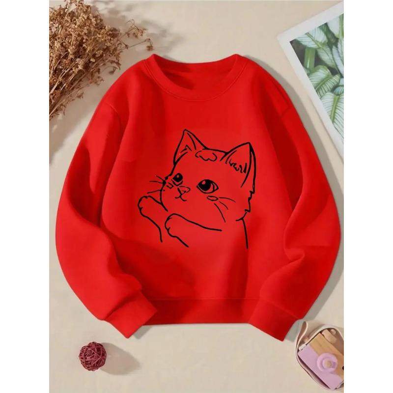Kids Crewneck Sweatshirt, Minimalist Cat Face Line Sketch Graphic Print,Spring Autumn Casual Sport Tops