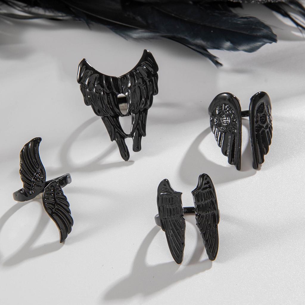 European and American dark angel wing rings punk style vintage feather articulated rings four-piece set for women