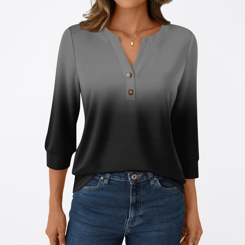 Women's Fashion Casual 3/4 Sleeve T-Shirt Prints V-Neck Button Top