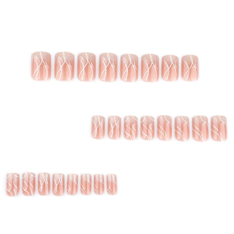 24 Pcs French Tip Stick On Nail Glossy False Nail Short Square Press On Nail White Wavy Lines Artificial Nail