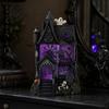 Indoor Haunted Home Accessory Gothic Resin Glitter Village Decoration, Halloween House Figurine with Purple Desktop Ornament Pumpkins Skulls Windows,