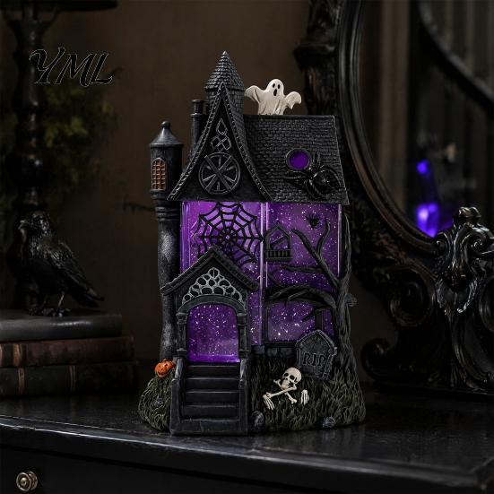 Indoor Haunted Home Accessory Gothic Resin Glitter Village Decoration, Halloween House Figurine with Purple Desktop Ornament Pumpkins Skulls Windows,