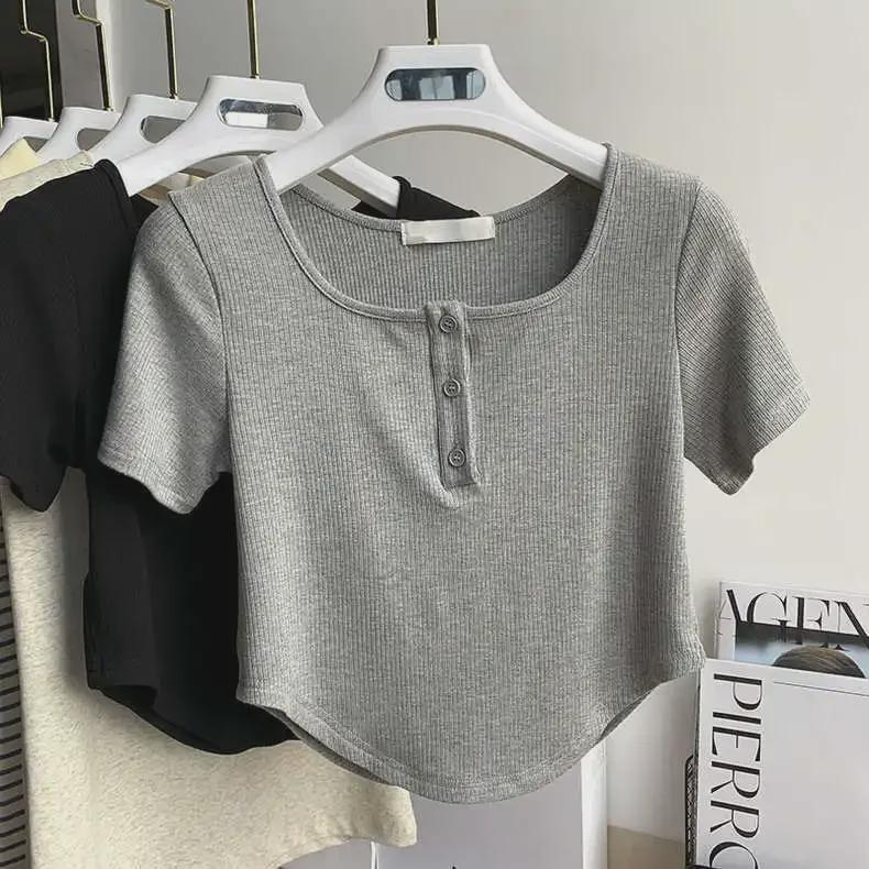 Women's 2024 Striped U-Neck Square Neck T-Shirt, Short Sleeves, Summer Fashion Niche Design