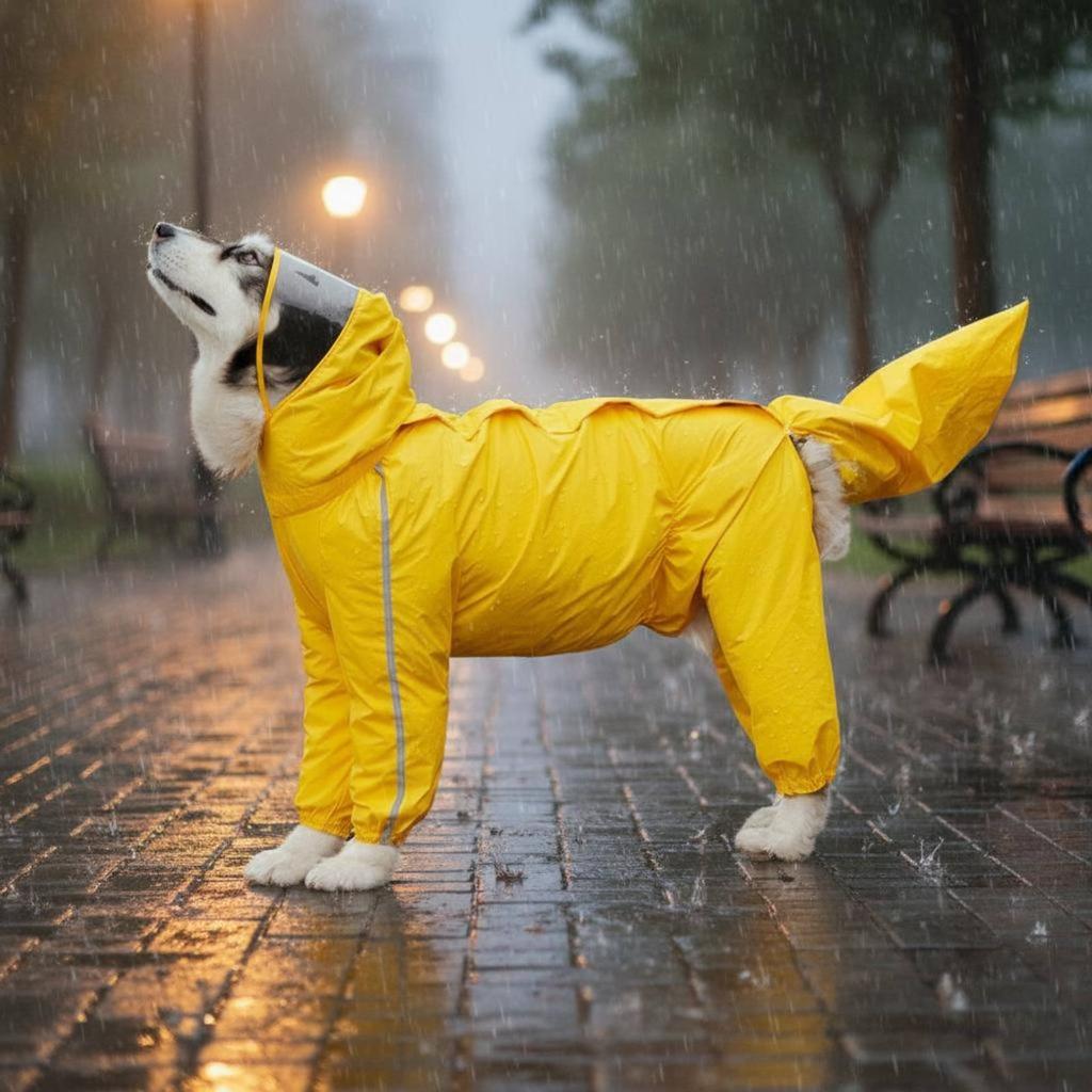 Four-Legged Dog Raincoat Gender Specific Design Full Coverage Dog Raincoat Pet Apparel Hood with Clear Visor for Large Dogs