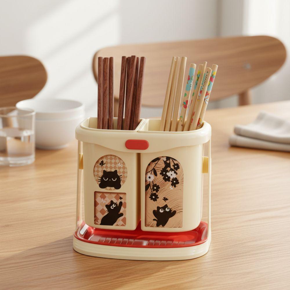 Large Capacity Wall Mounted Chopstick Cage Cartoon Pattern Draining Function Kitchen Storage Tube Divided Compartments Plastic