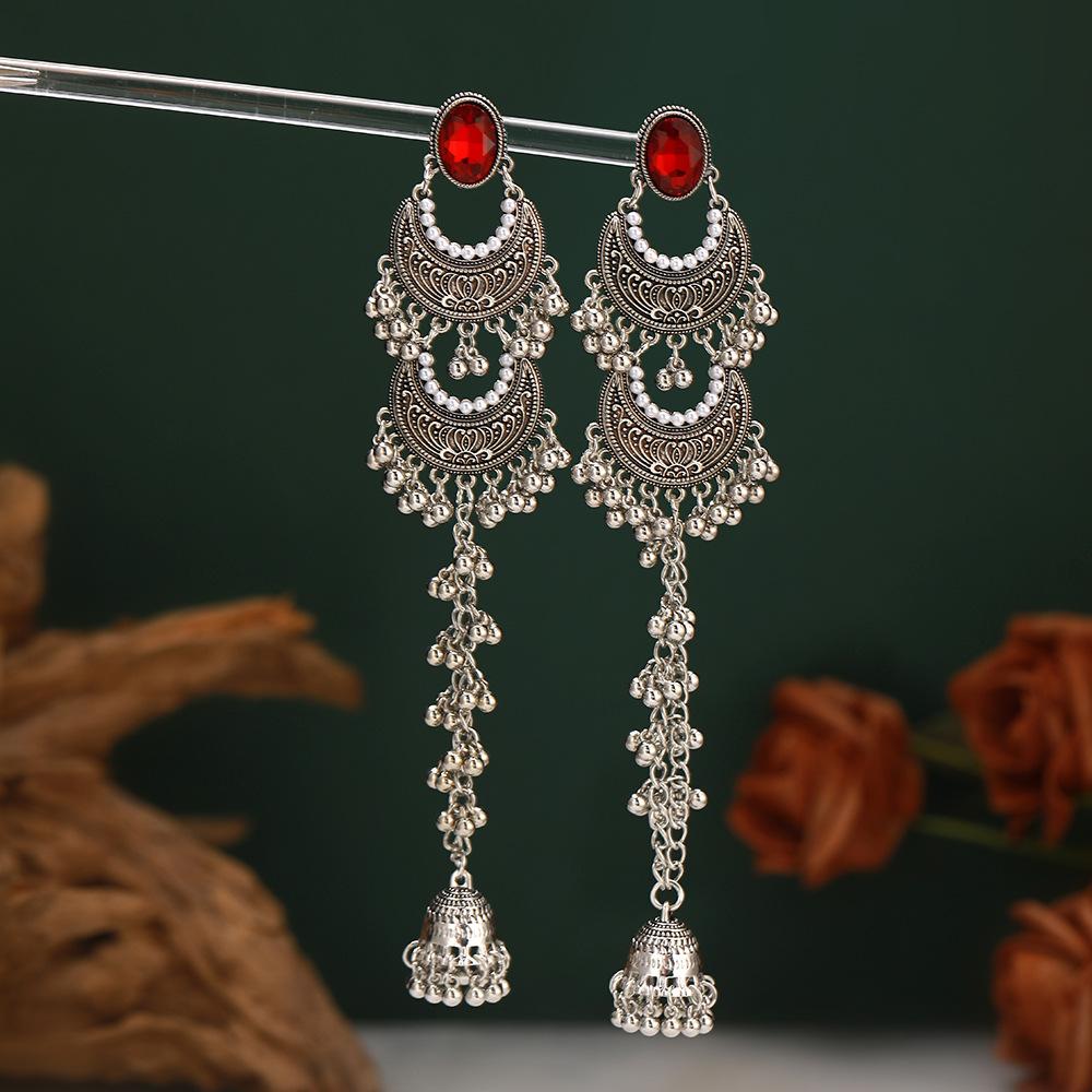 Vintage Bohemian Ethnic Style Bell Beaded Drop Long Tassel Dangle Earrings for Women