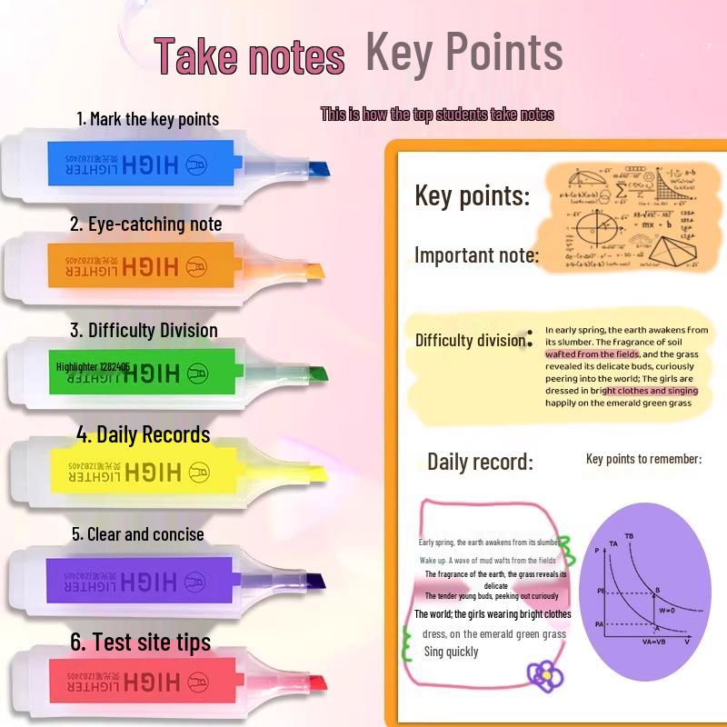 Conjunto de 6 Marca-Textos, Cores Doces, Traço Grosso