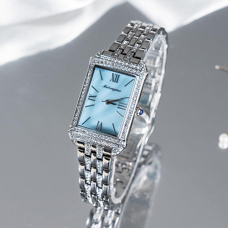 Diamantbesetzte quadratische Quarzuhr Damenmode Stahlarmband Schachbrettmuster Uhr Export